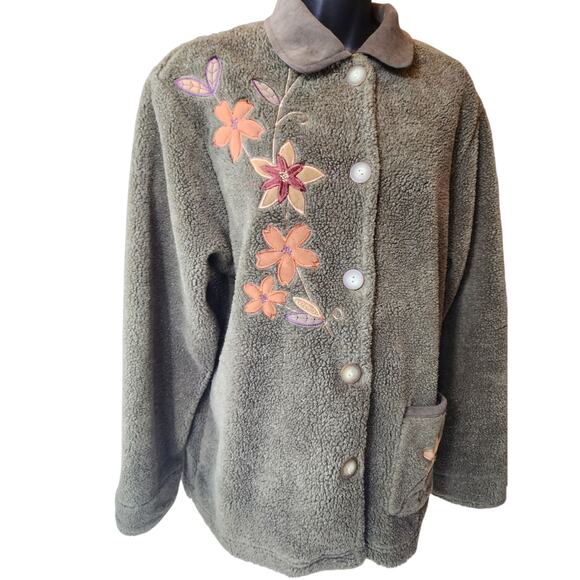 Teddi Floral Embroidered Sherpa Fleece Jacket Women Large Cozy Fall Cottagecore - Picture 6 of 15